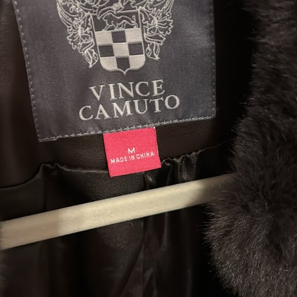 Vince Camuto Espresso Brown Leather Trench Coat Style Faux Fur Collar Size M - Picture 4 of 6